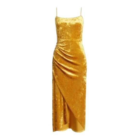 Saylor Gold Velvet Midi Dress With Spaghetti Straps & Side Slit For Women NWOT - Picture 4 of 8